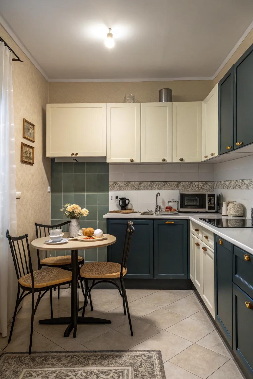 Two-tone cabinets give a small kitchen design a modern touch.