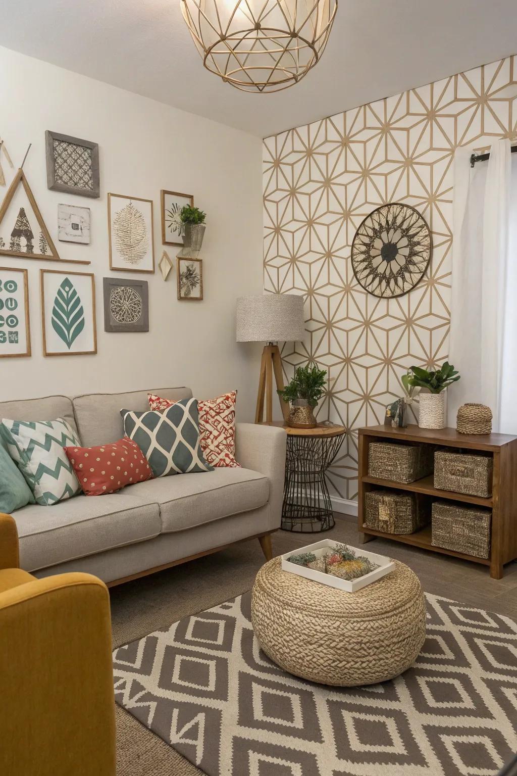 A small living space showcasing geometric décor bits lending a modern boundary.