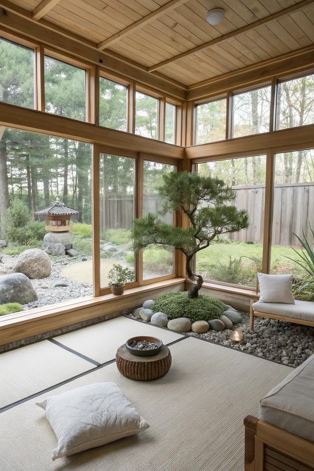 A serene space for relaxation and meditation in a sunroom.