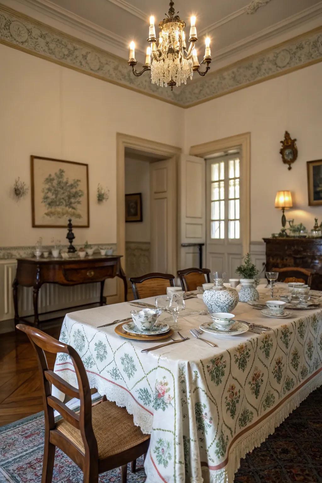 Vintage-inspired table coverings add warmth and nostalgia.