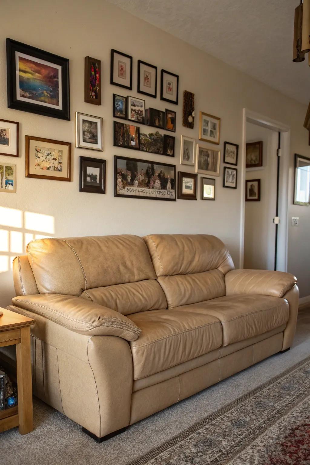 A photo gallery adds a personal charm to a family room featuring a tawny hide couch.