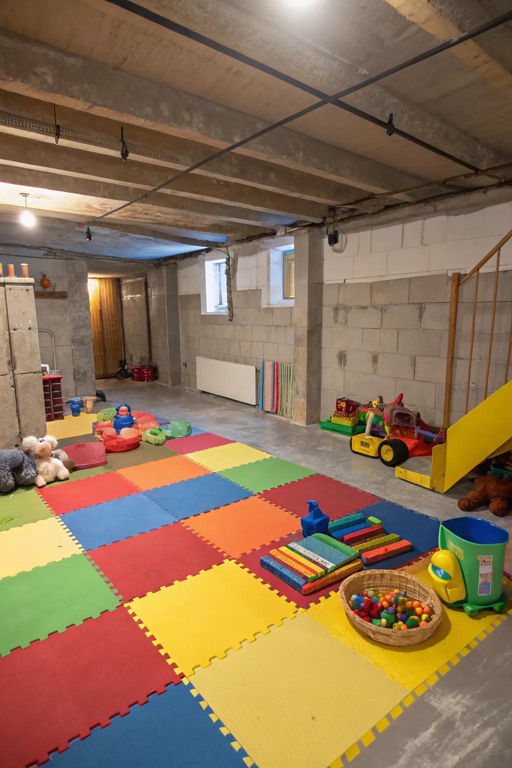 A fun zone for kids in an unfinished basement.