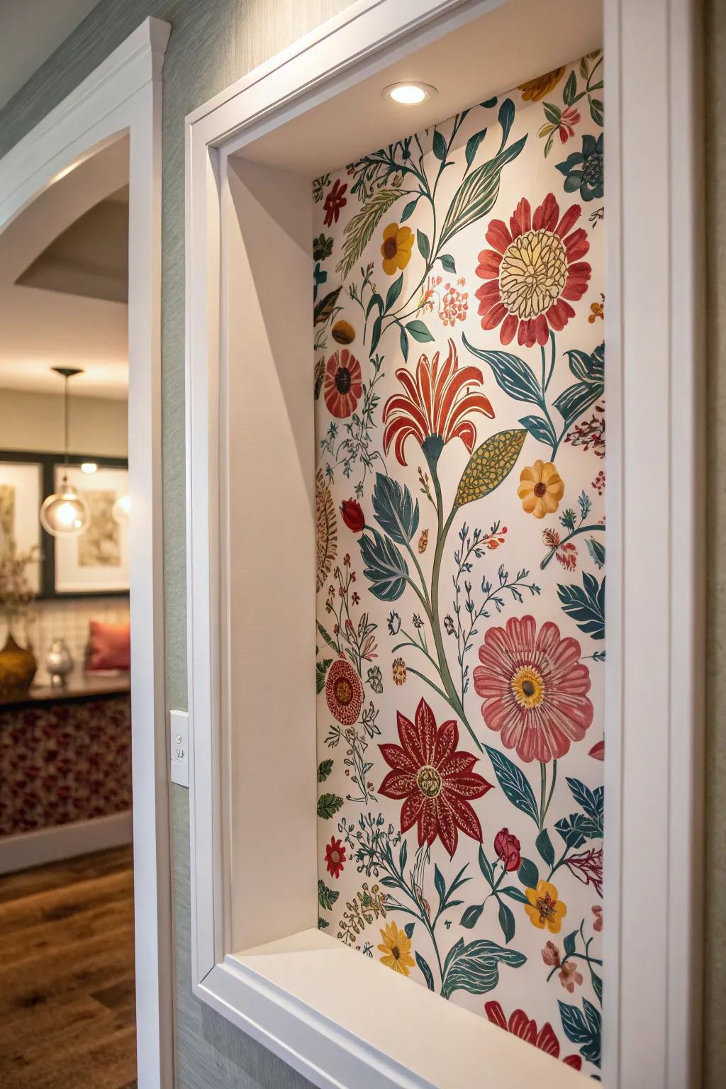 A wall niche featuring bold floral wallpaper for a pop of personality.