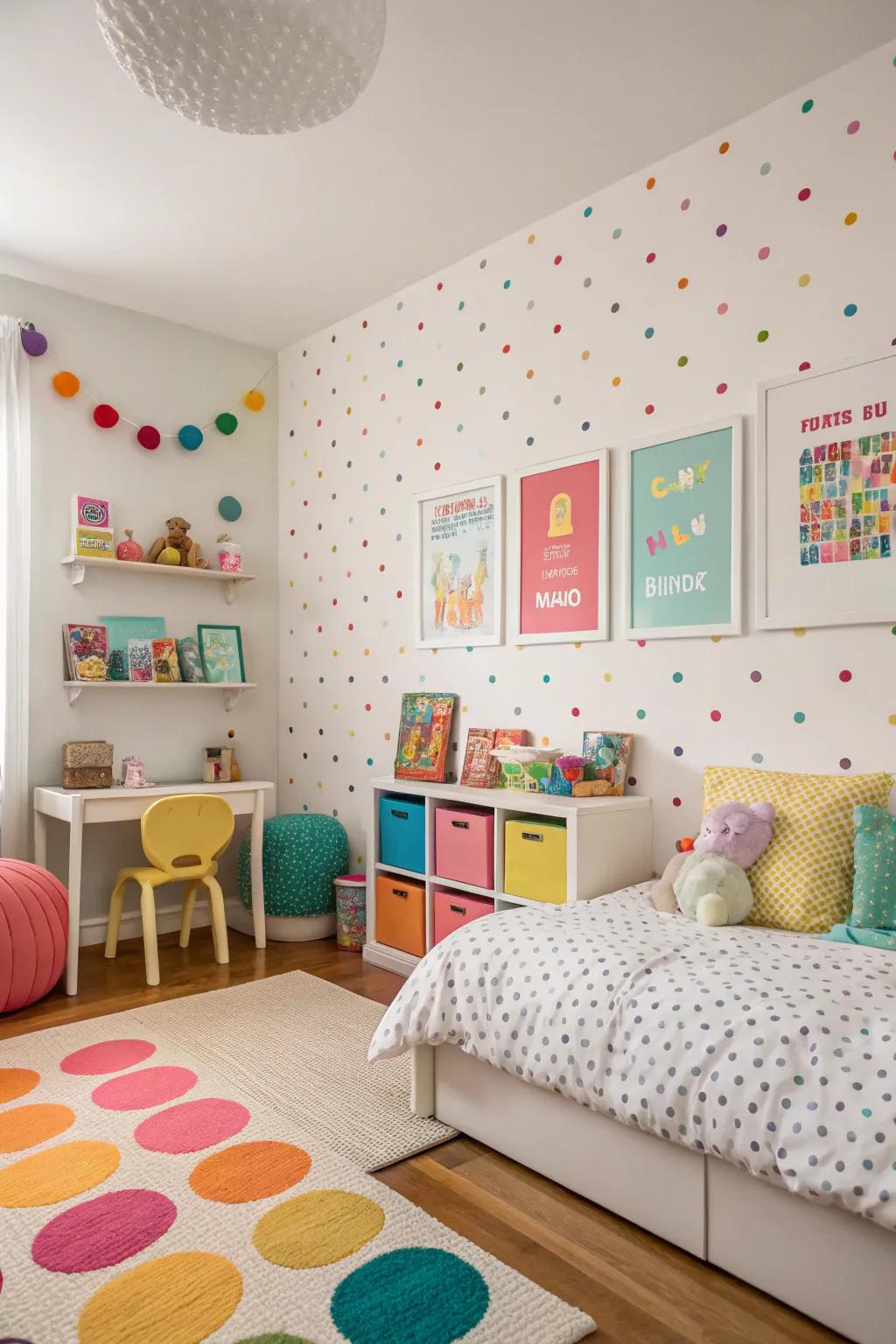 Playful polka dot wallcovering adds fun to a child's room.