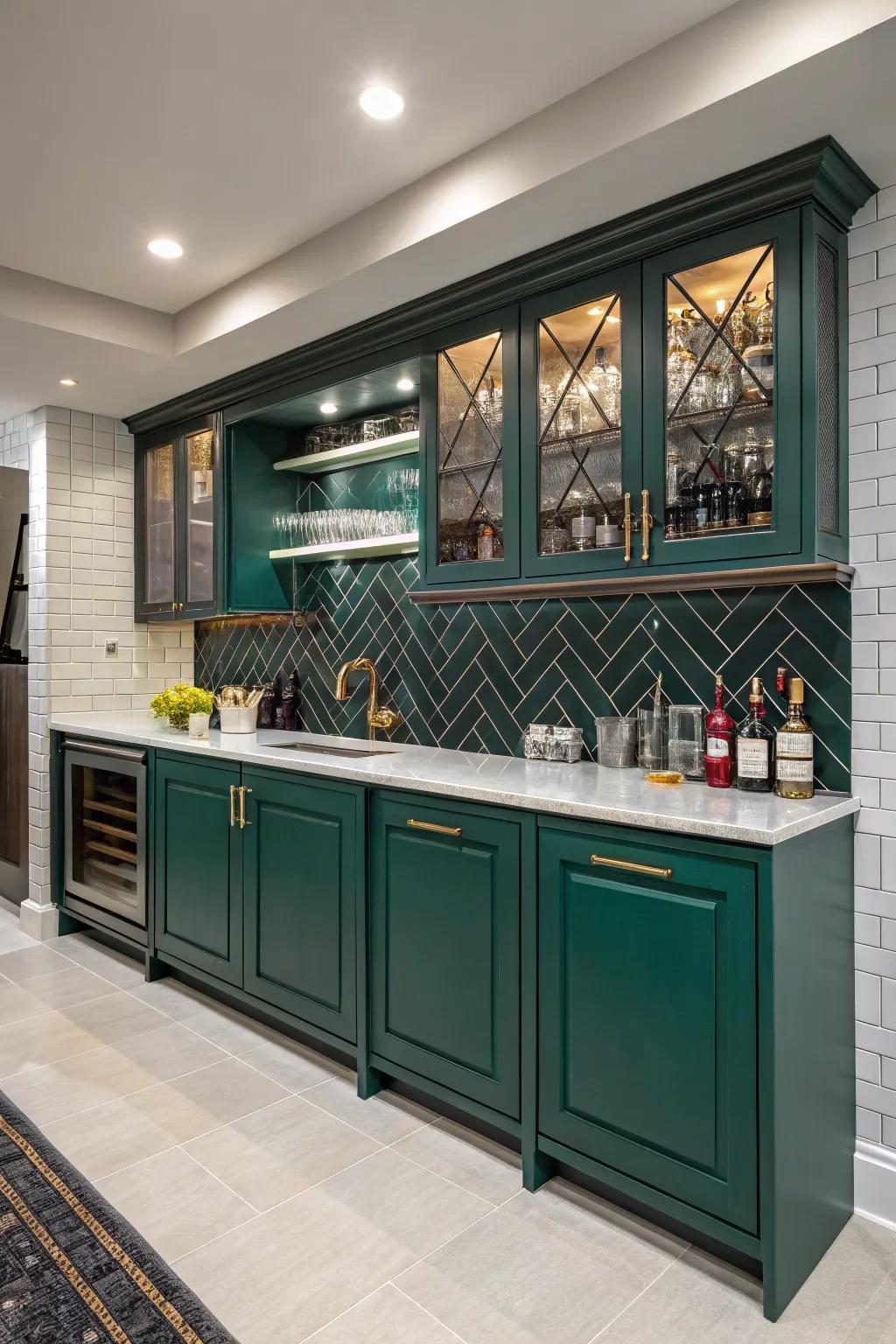 Bold cabinet colors make a statement in your wet bar.