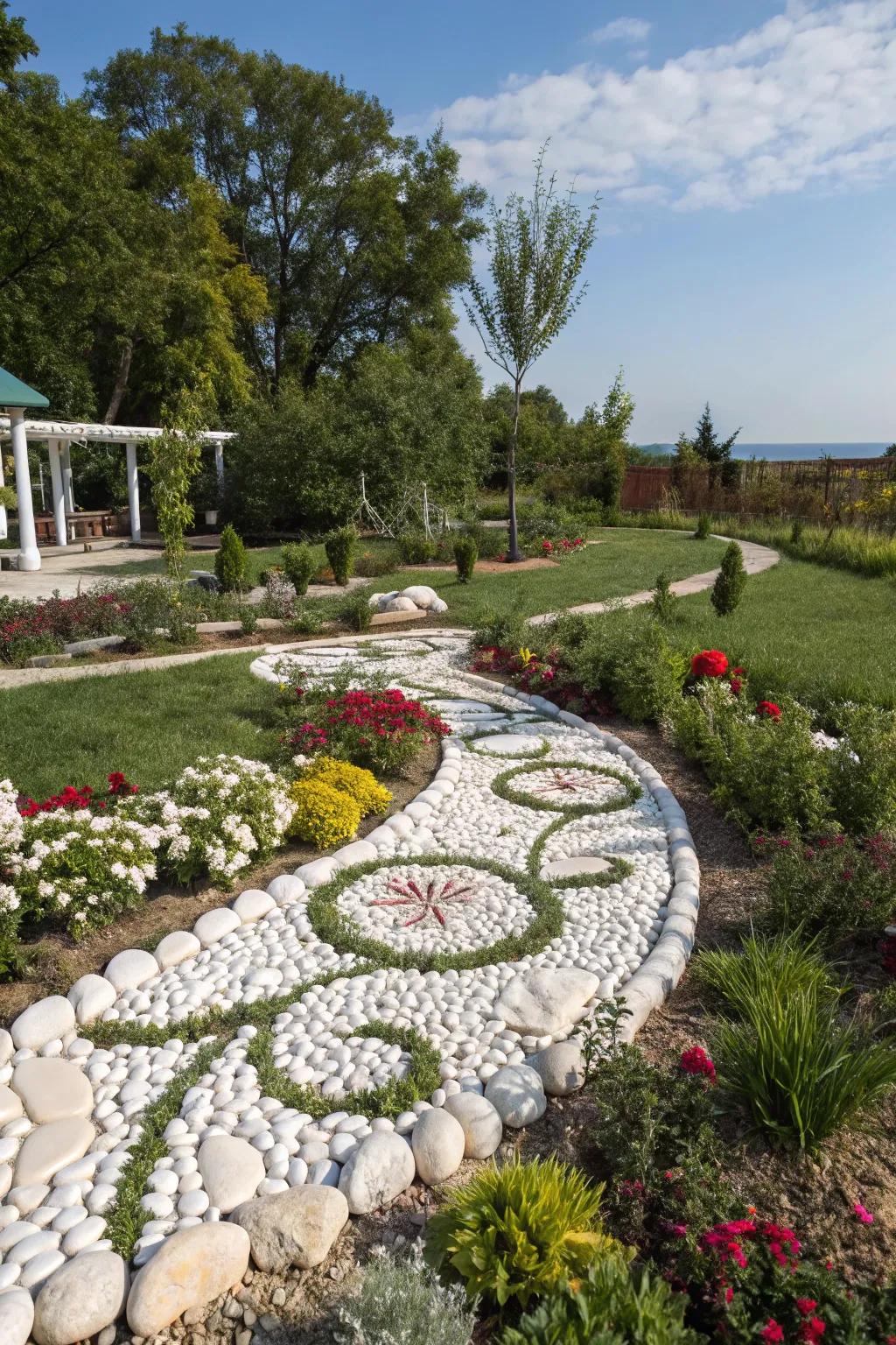 A garden showcasing creative designs made with white stones, transforming the landscape into art.