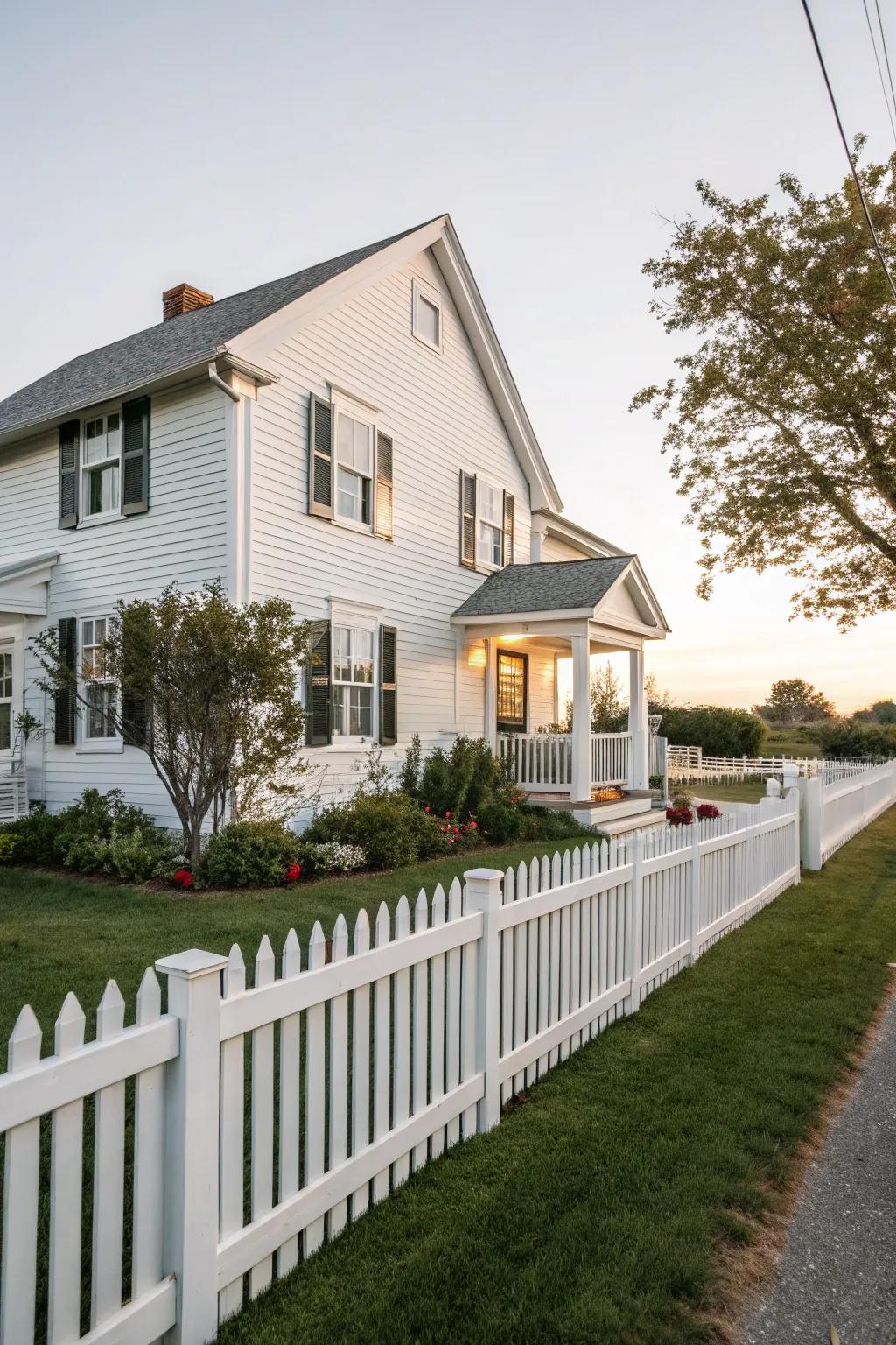 A crisp white fence beautifully framing the property.