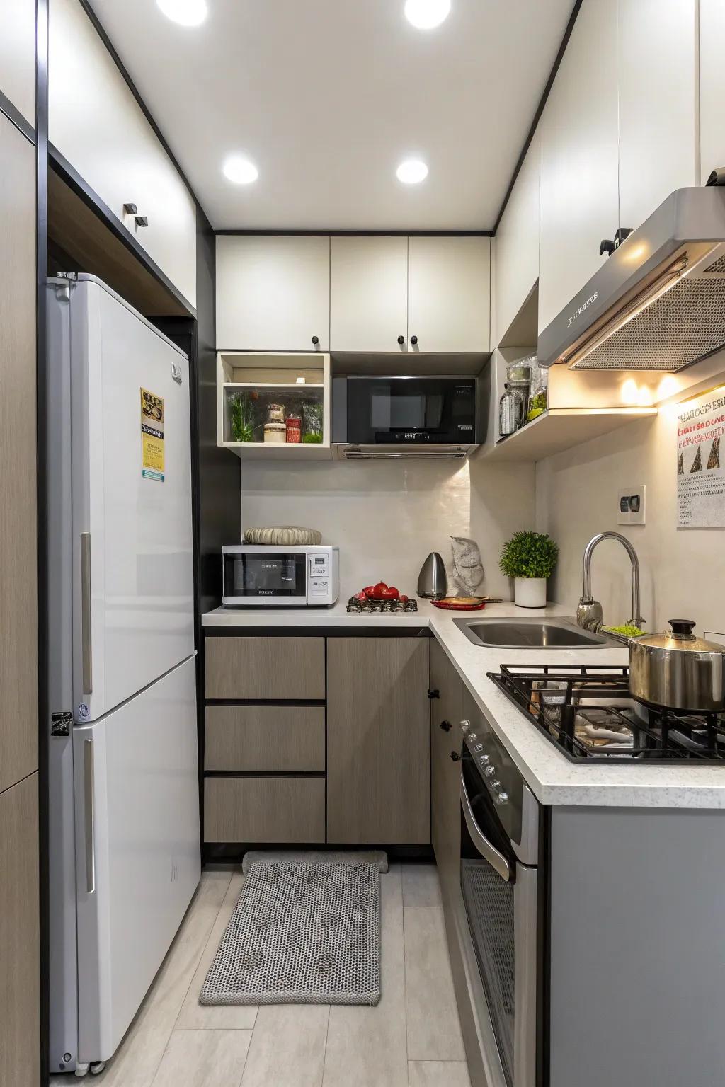 Maximize capacity through space-saving appliances within petite kitchens.