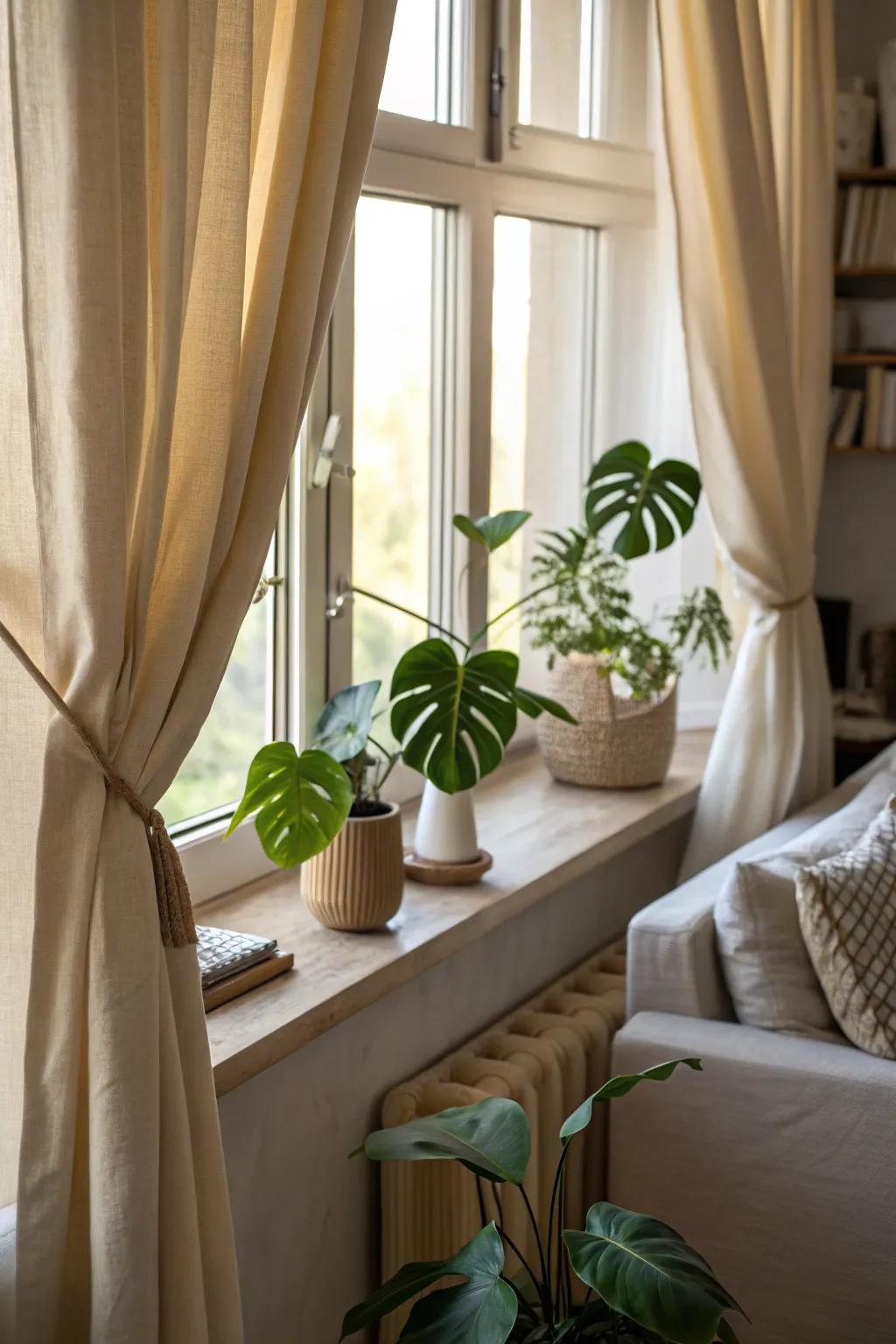 Curtain tiebacks crafted from small split-leaf philodendron fronds.