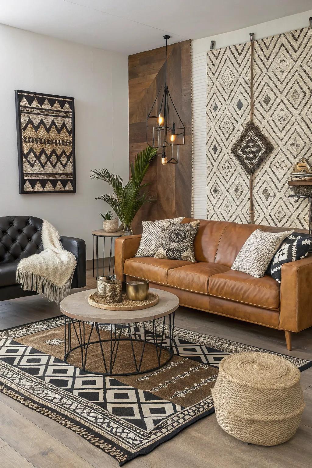 Textures and patterns introducing layers to a shadowy living area.