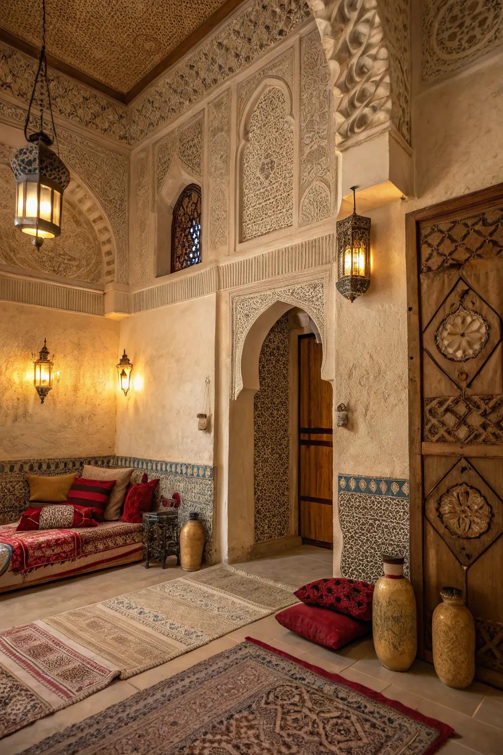 Textured walls add depth and authenticity to Moroccan bedrooms.