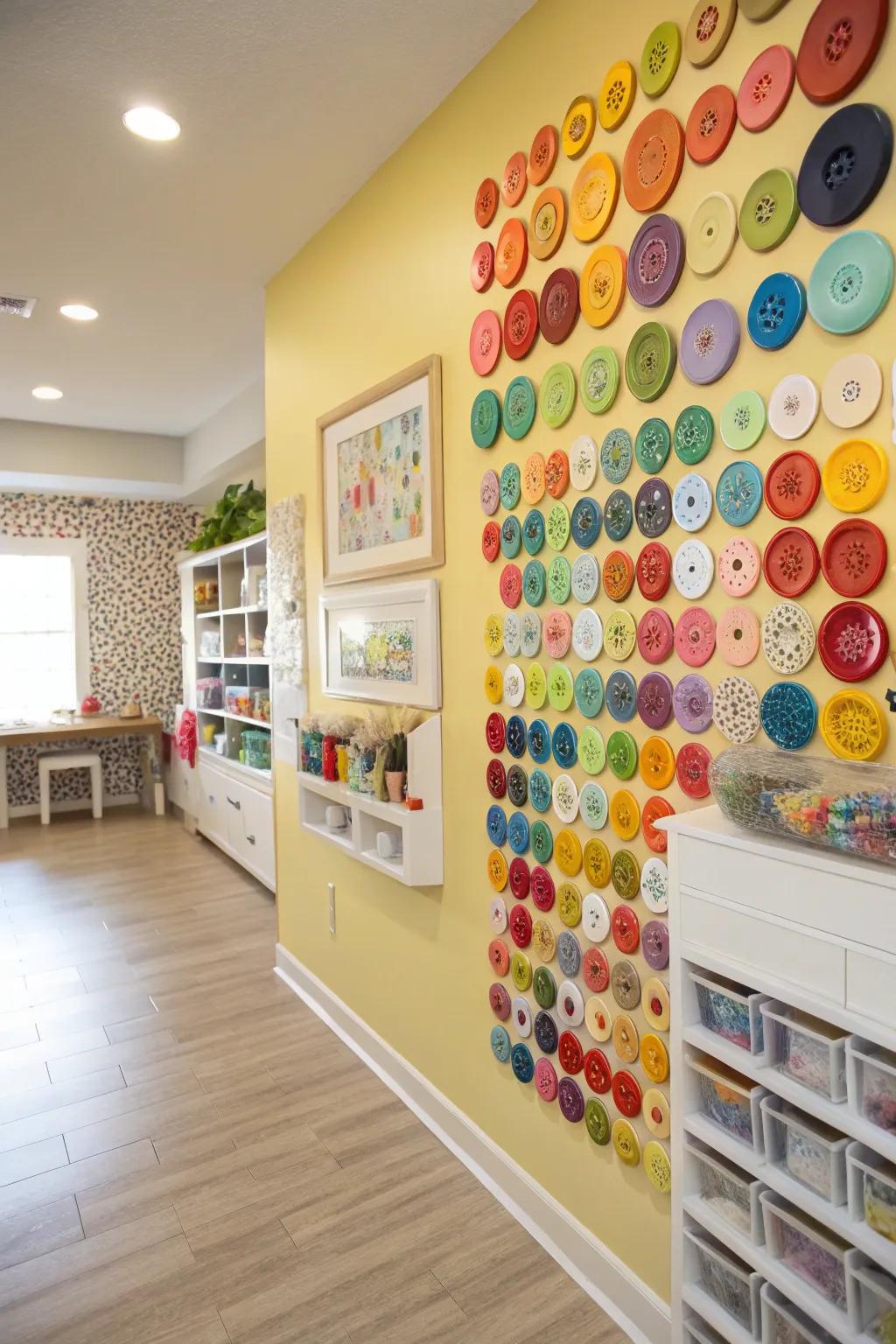Buttons add a playful and colorful touch to mosaic art.