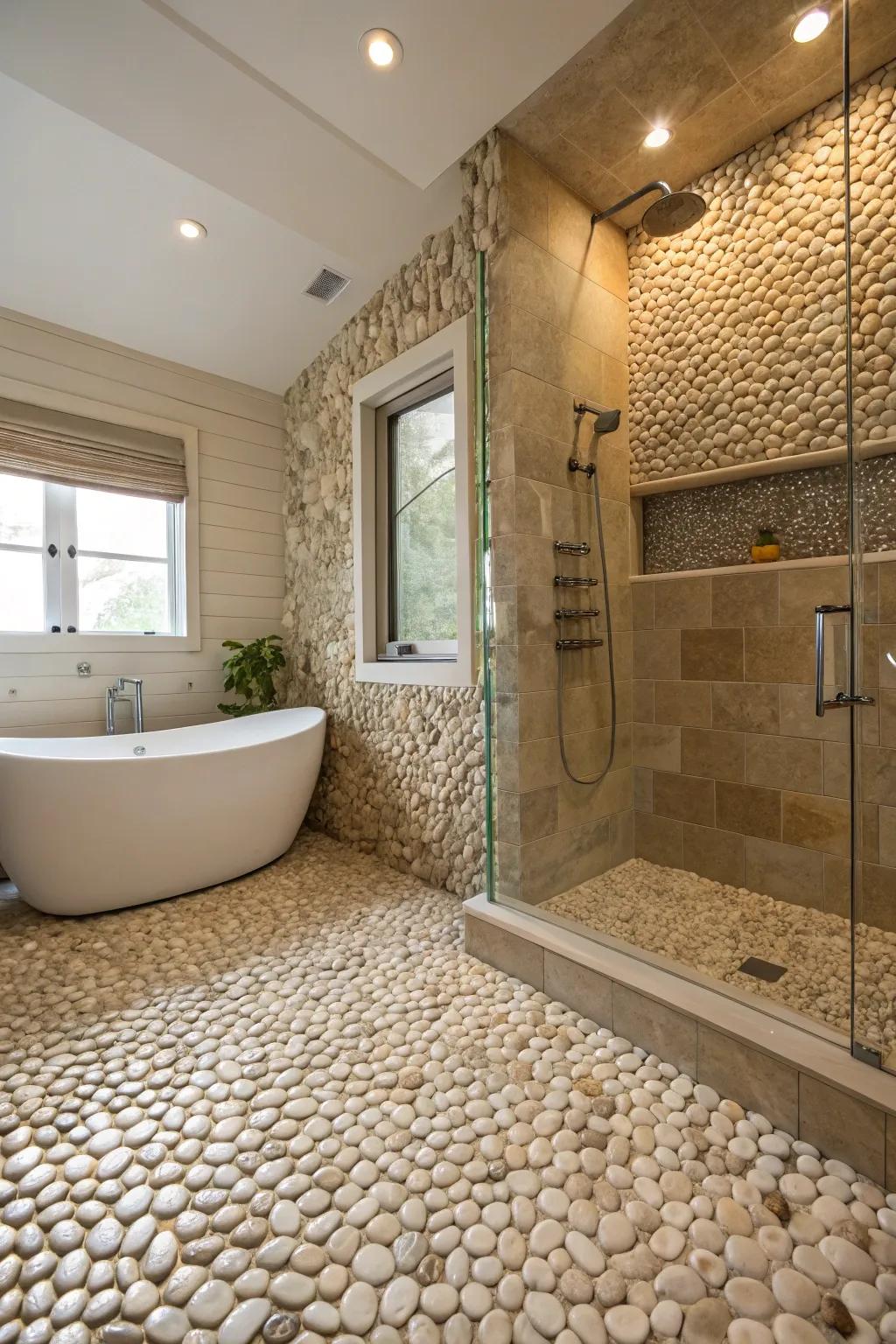 Establish a serene, spa-resembling ambiance through pebble mosaics.