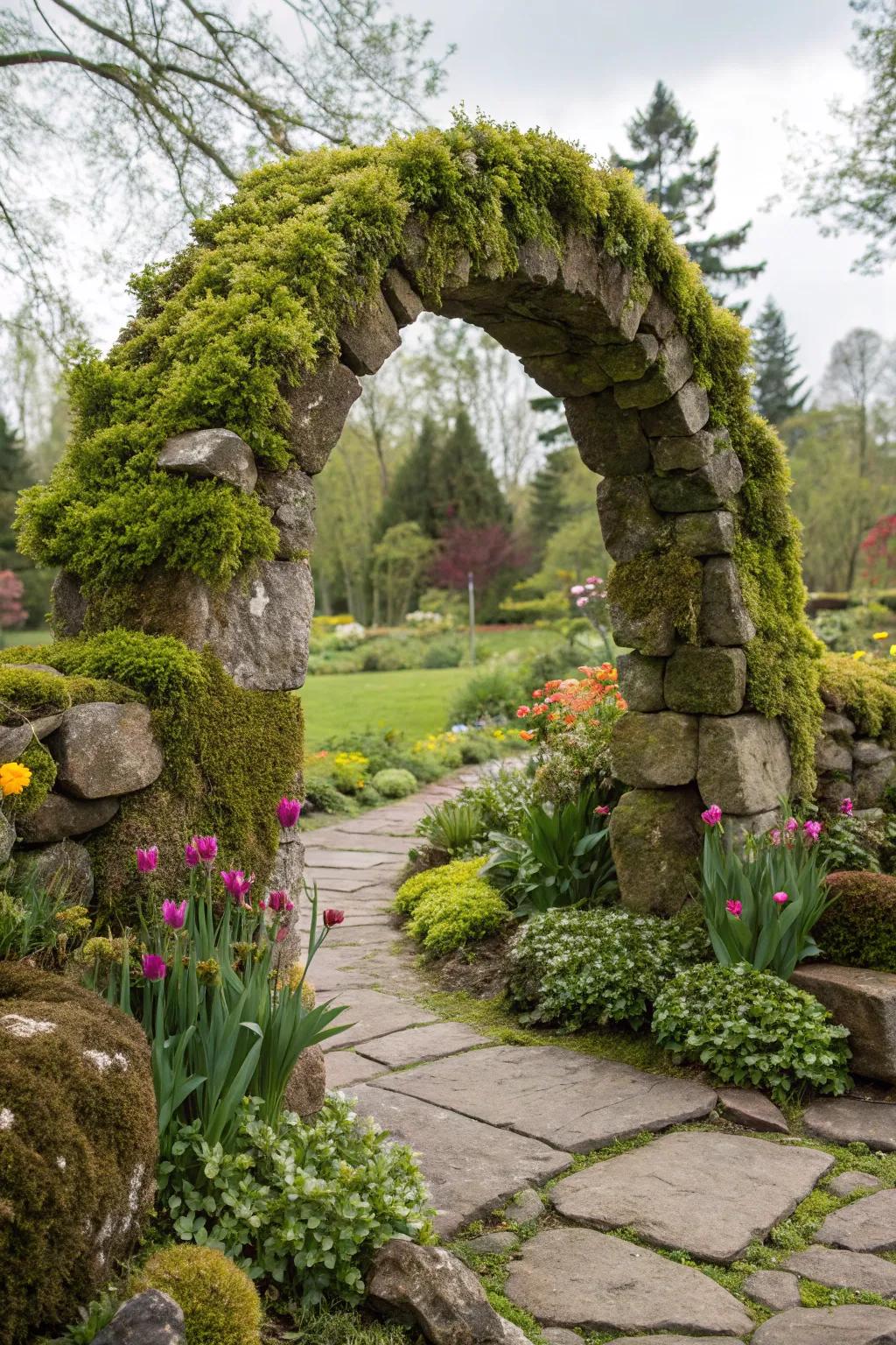 A stunning garden arch formed by moss-covered rocks.