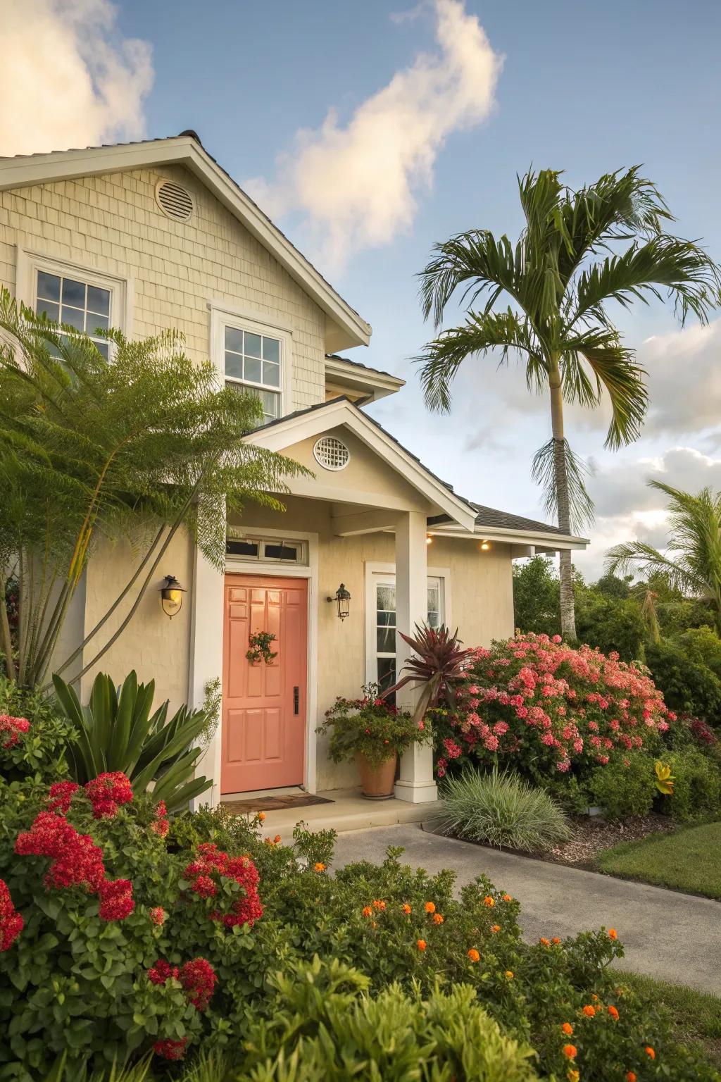 A sunset entrance delivers a playful and vibrant touch to a beige house.