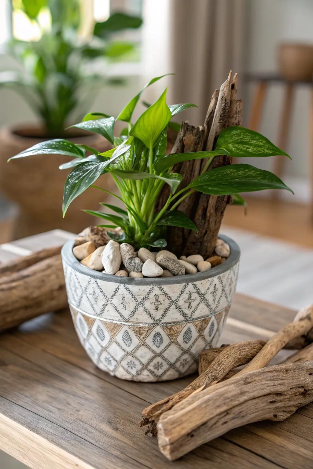 A nature-inspired flower pot showcasing earthy components.