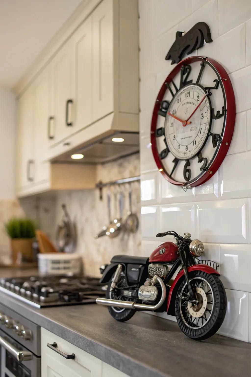 A stylish wall clock with a bike theme.