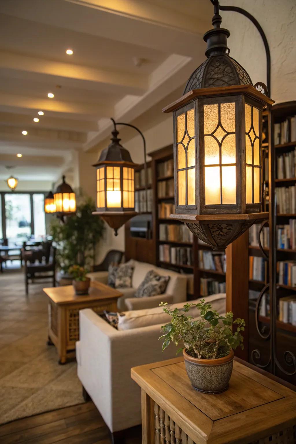 A cozy atmosphere with lantern-inspired lighting.