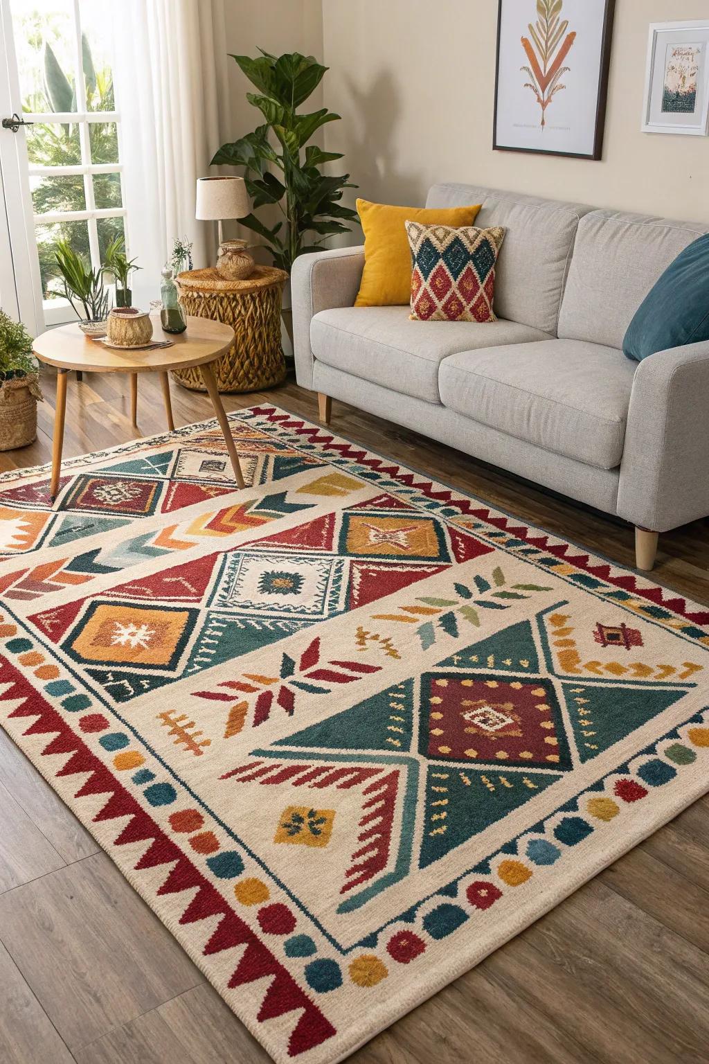 A statement rug adds visual intrigue and anchors the space.