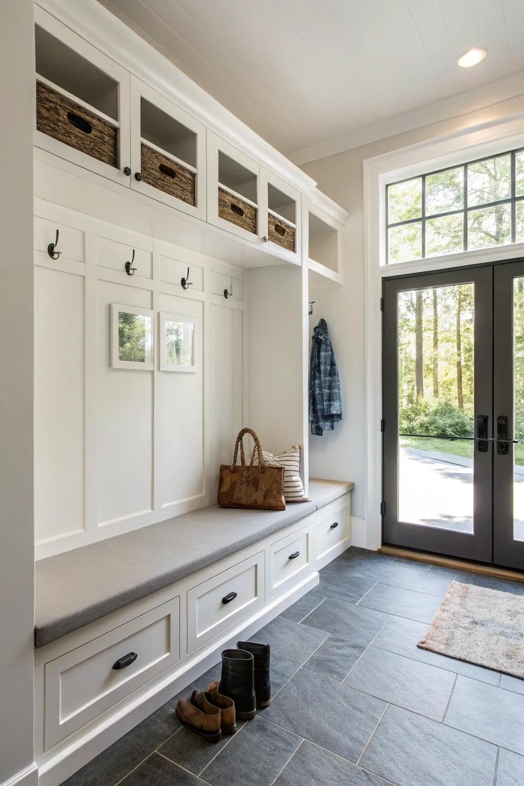 A modern mudroom showcasing a chic floating bench.