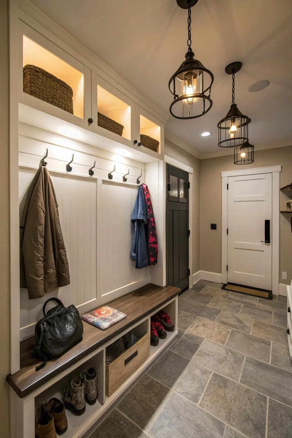 Smart lighting boosts both function and mood in the mudroom.