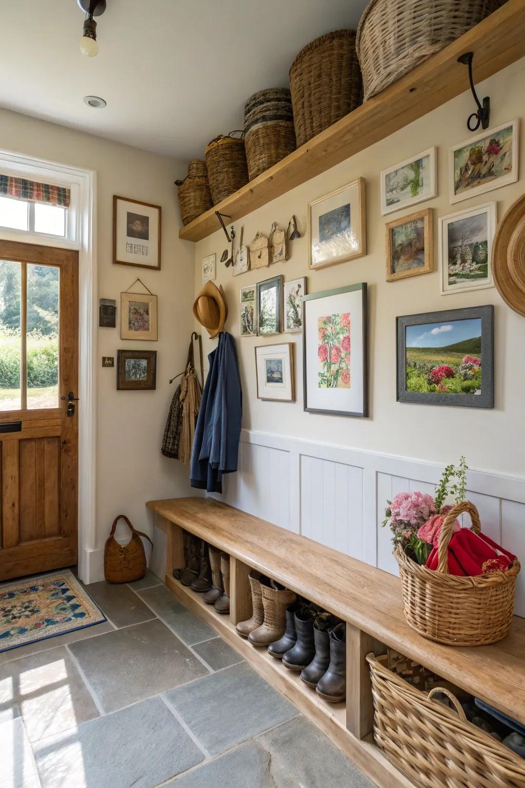 A mudroom is enhanced with artwork and decorations for a personal touch.