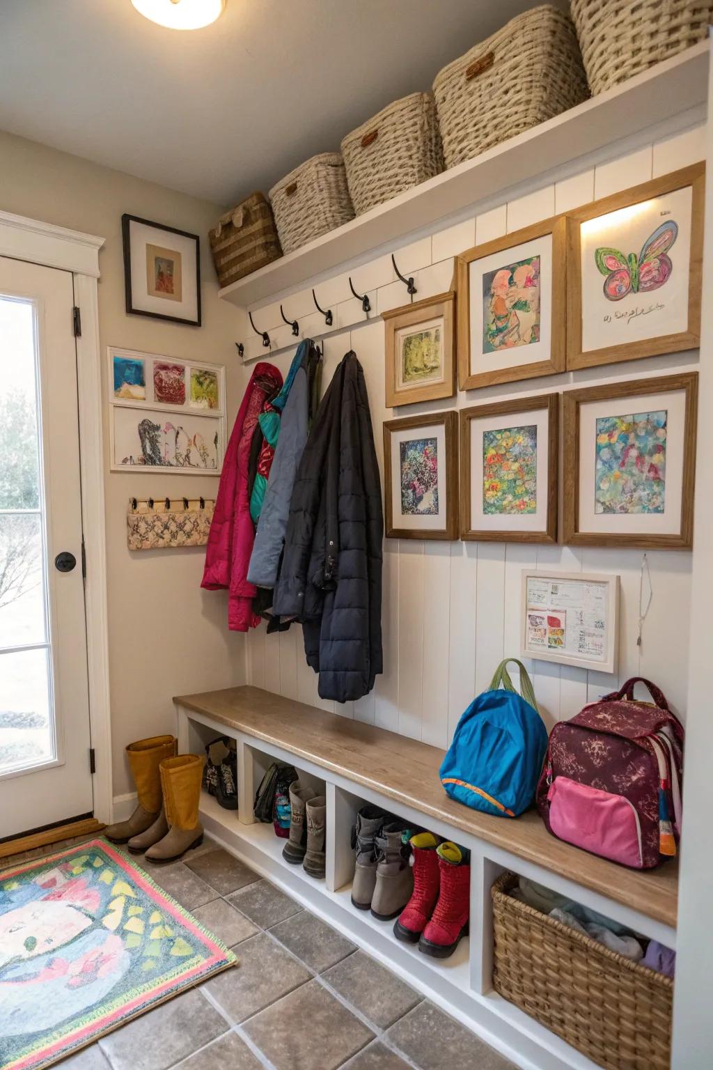 Mudroom with framed kids’ art adorning the walls.