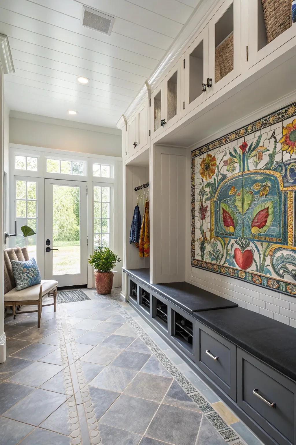 Tile paintings turning a mudroom into an art gallery