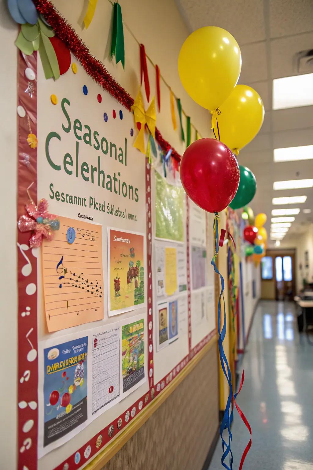 A festive bulletin board commemorating seasonal tune events.