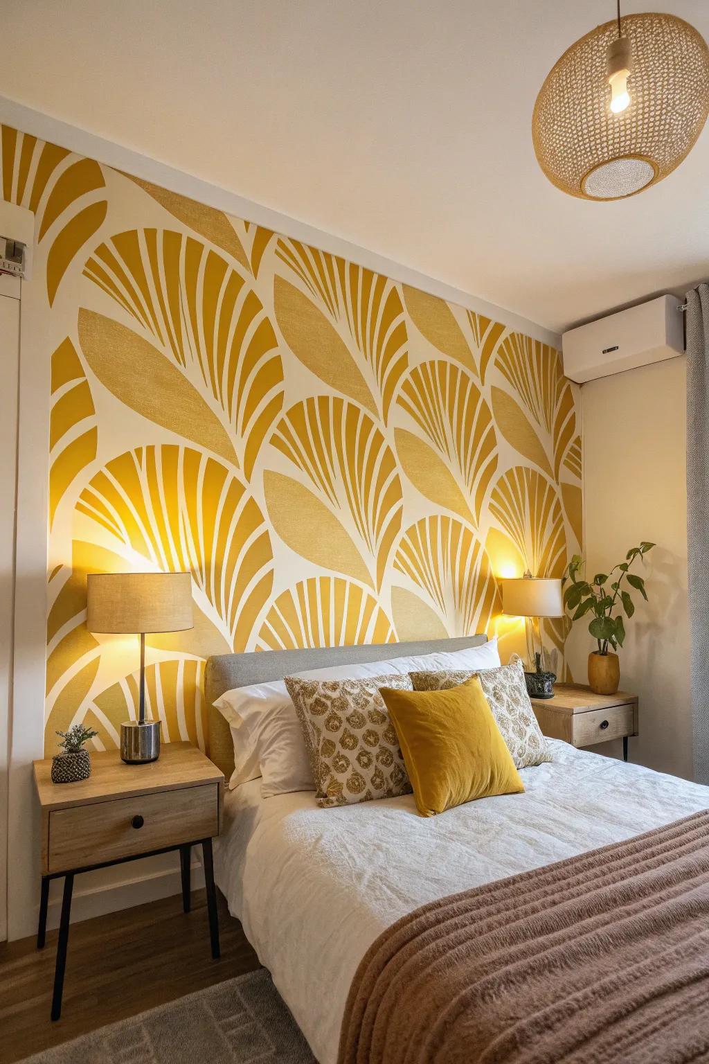 A bedroom using a wall design featuring yellow abstract shapes.