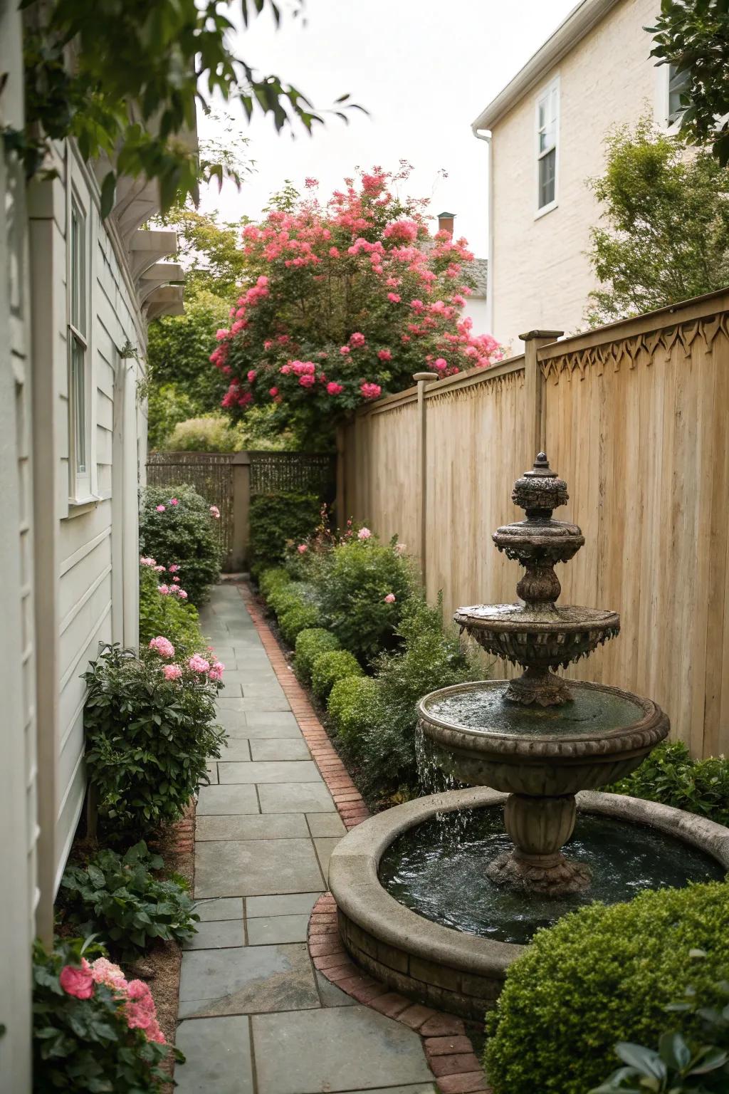 A petite liquid element enhances the ambiance of a slim garden.