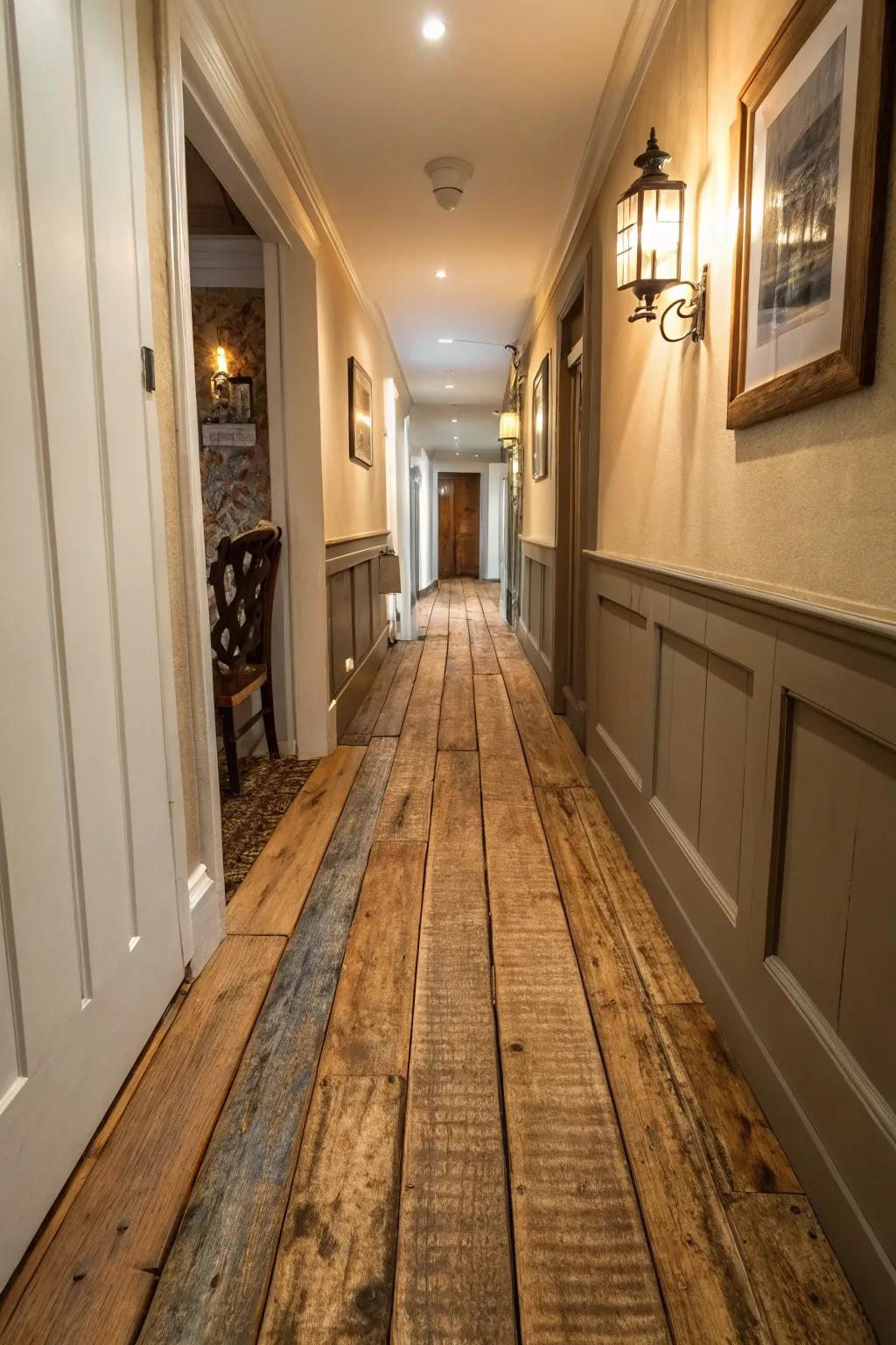 Recycled wood adds vintage charm and sustainability to your hallway.