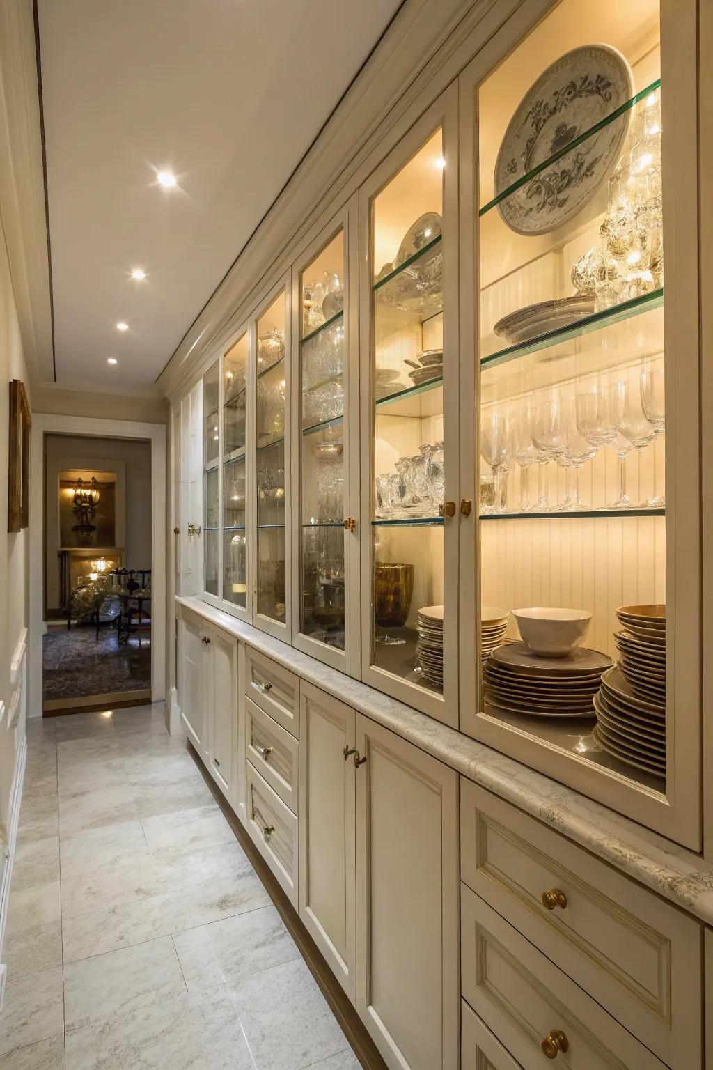 Elegant glass-front cabinets in a slim kitchen displaying dishware.