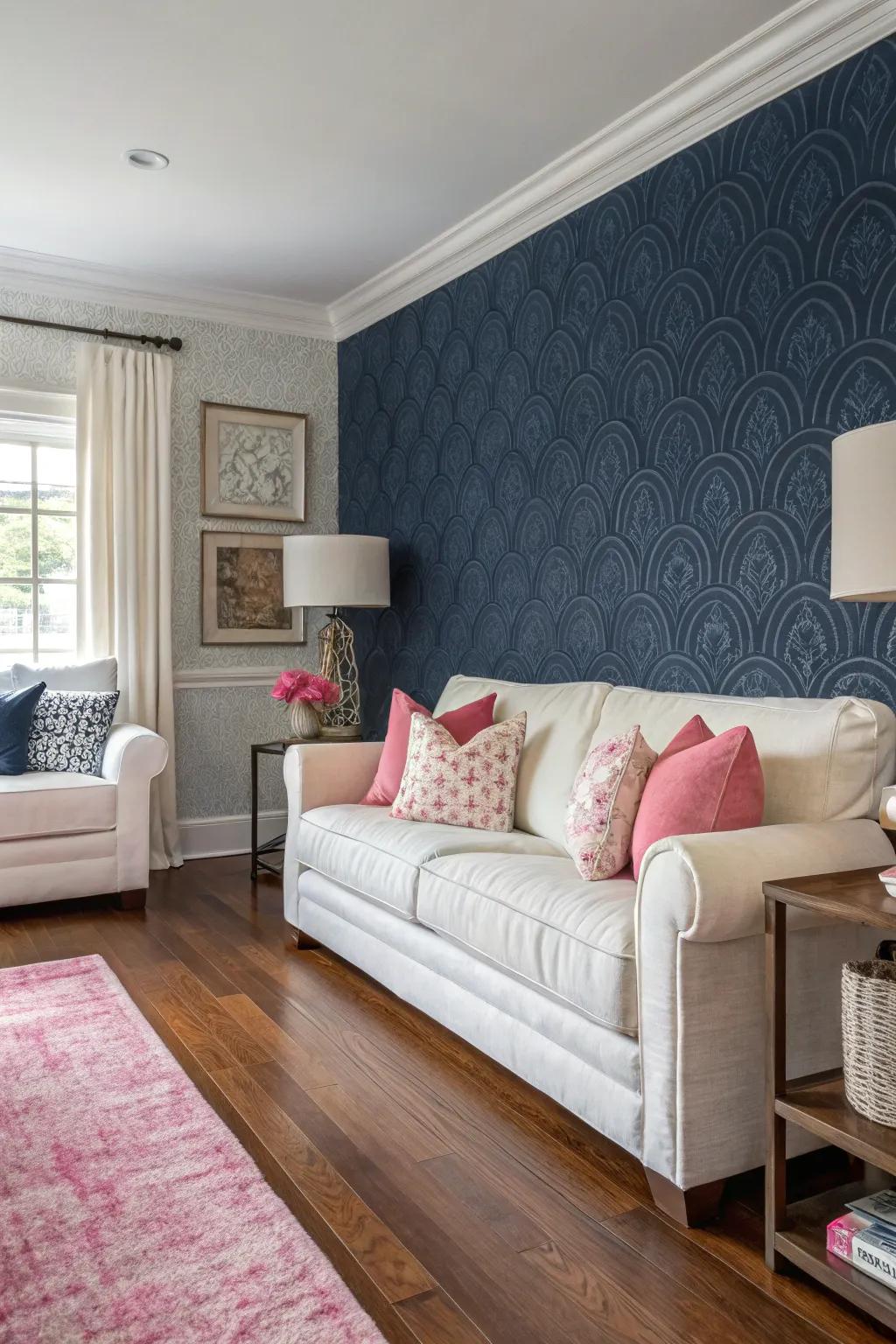 Textured navy wallpaper brings depth to the living room.