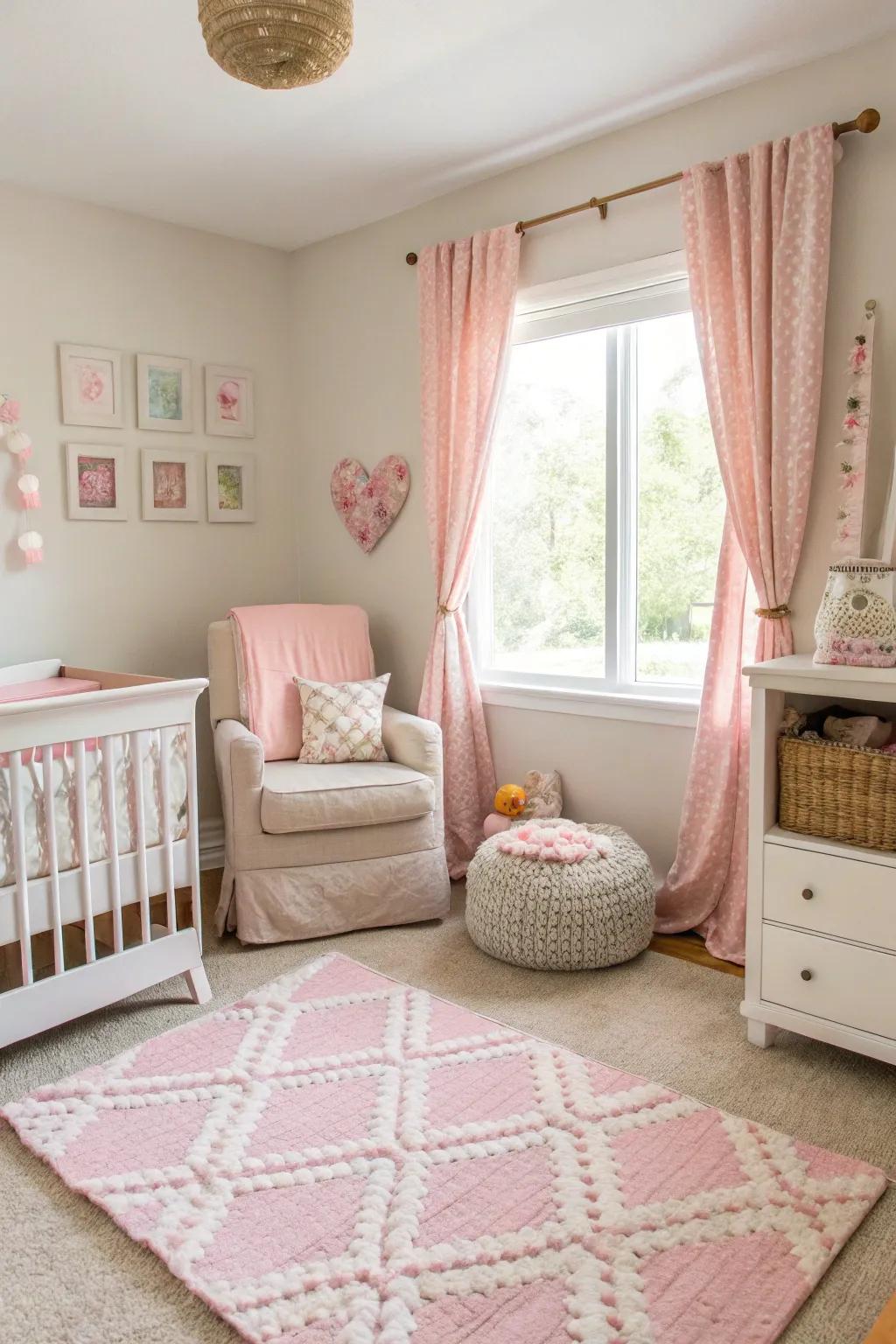 A nursery with soft pastel pink accents.