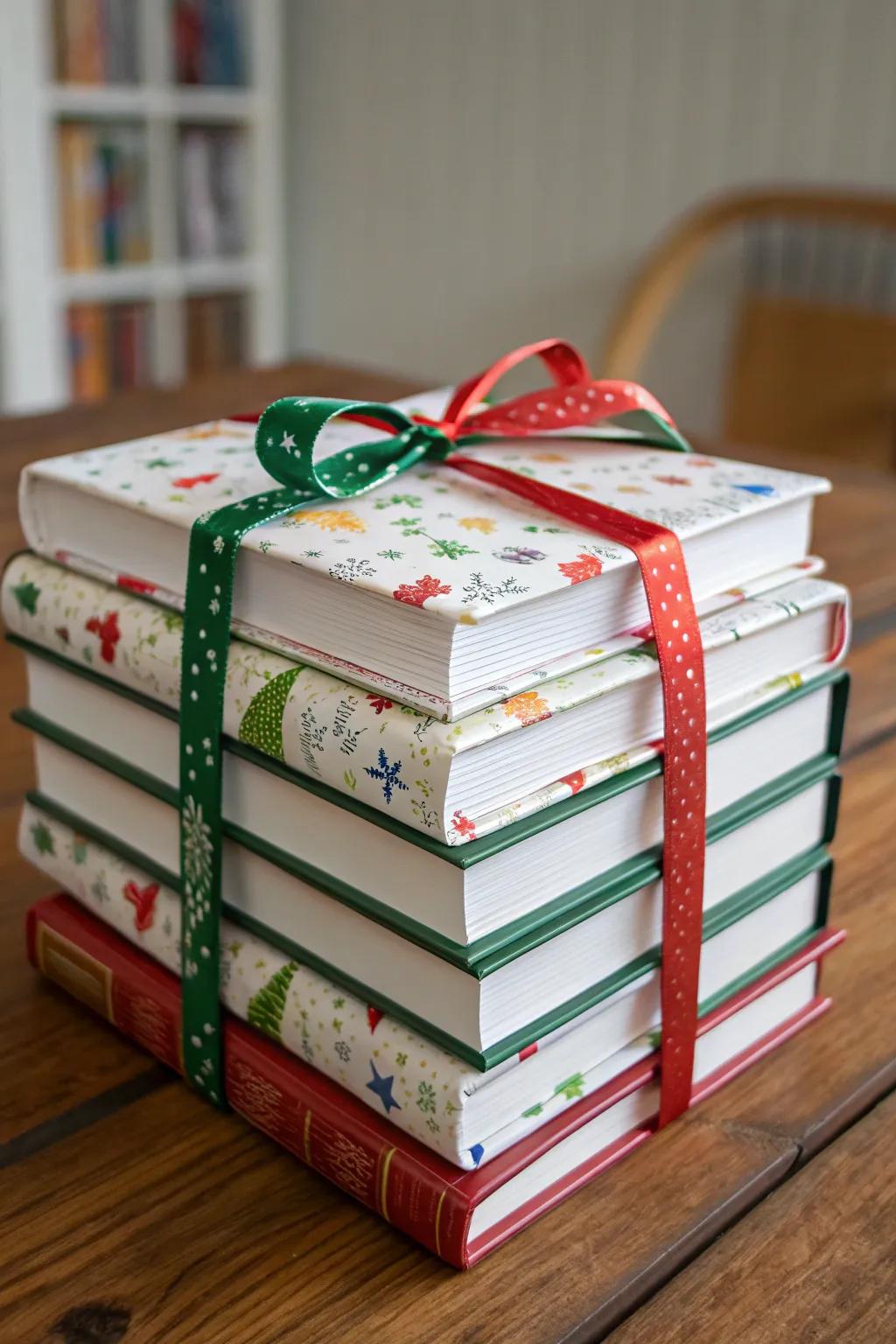 A delightful collection of wrapped books for a holiday exchange.