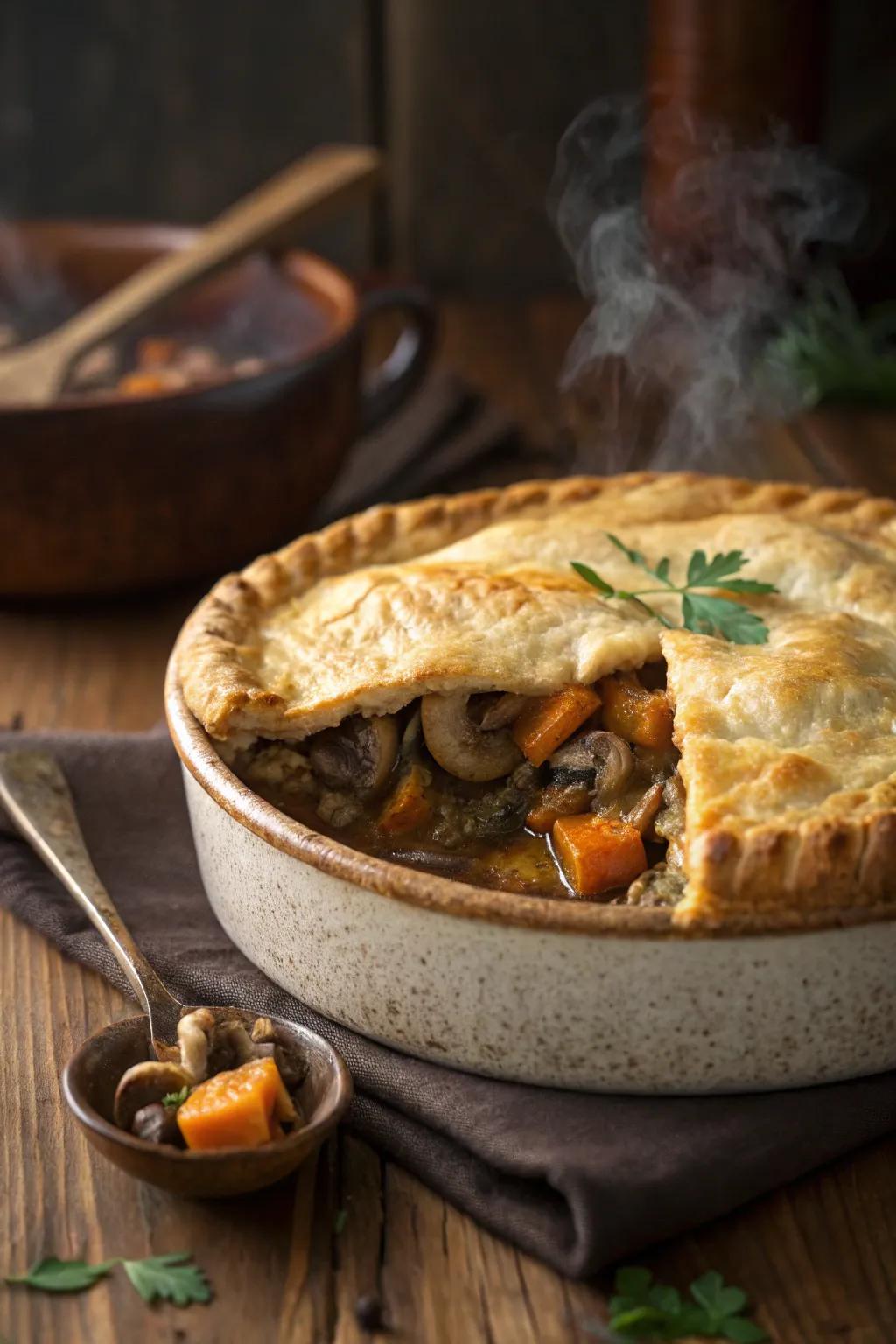 A comforting plant-based vegetable potpie, pleasing both plant-based and meat-eaters alike.