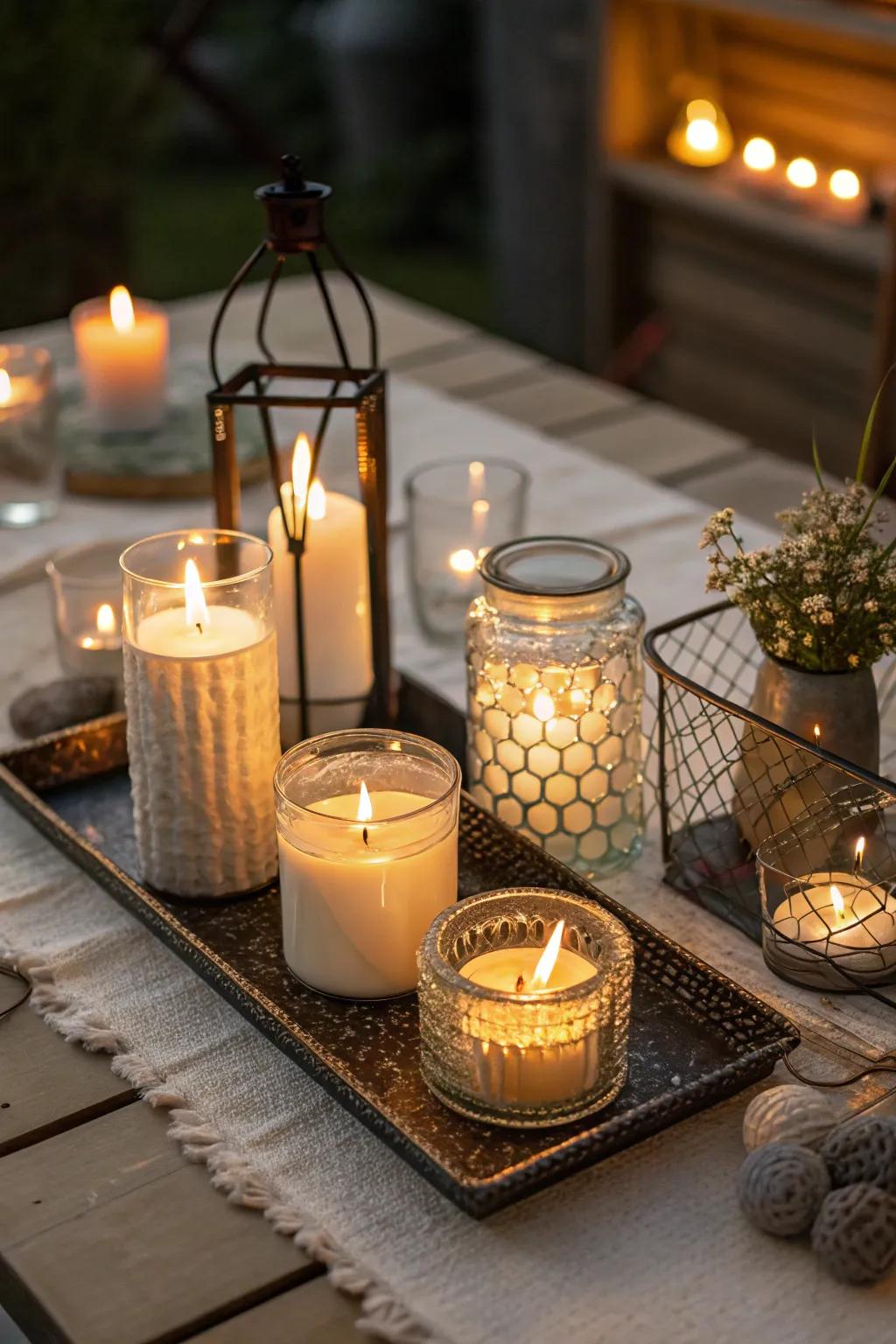 An eclectic candle display that adds warmth and coziness.
