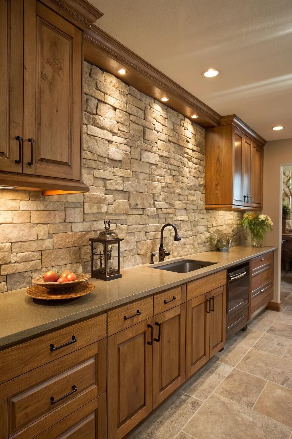 Stone veneer backsplashes provide a natural and textural kitchen element.