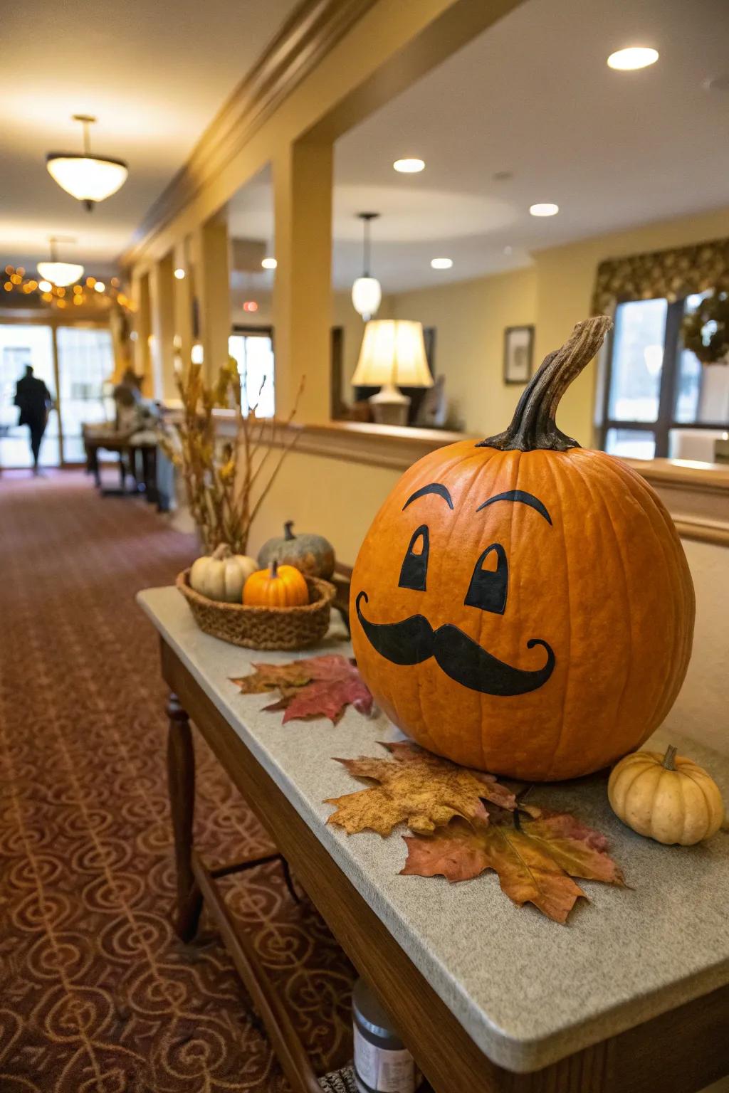 This pumpkin has a whimsical feel thanks to a funny whiskers.