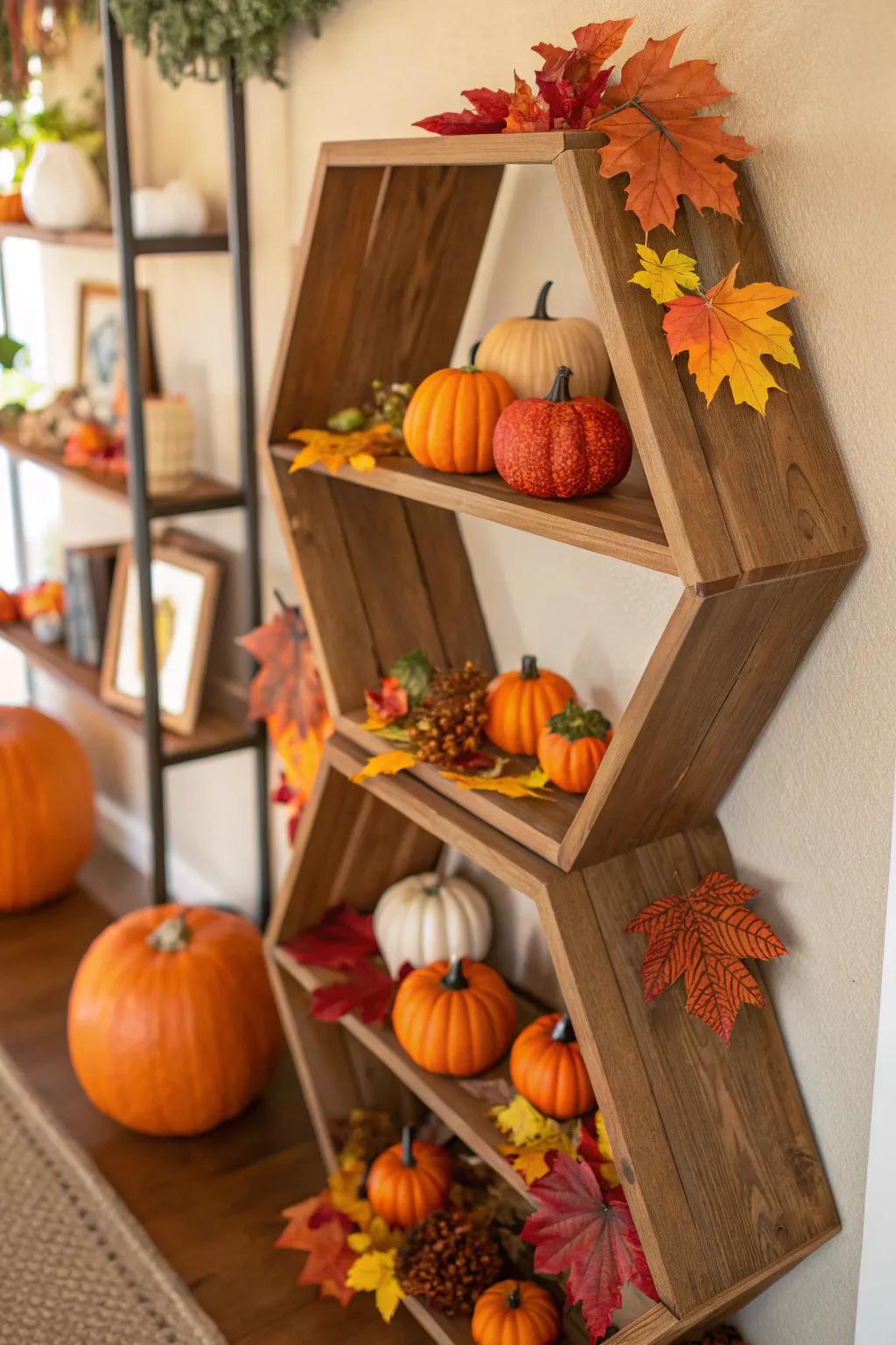 Seasonal decor keeps octagon shelves looking fresh.