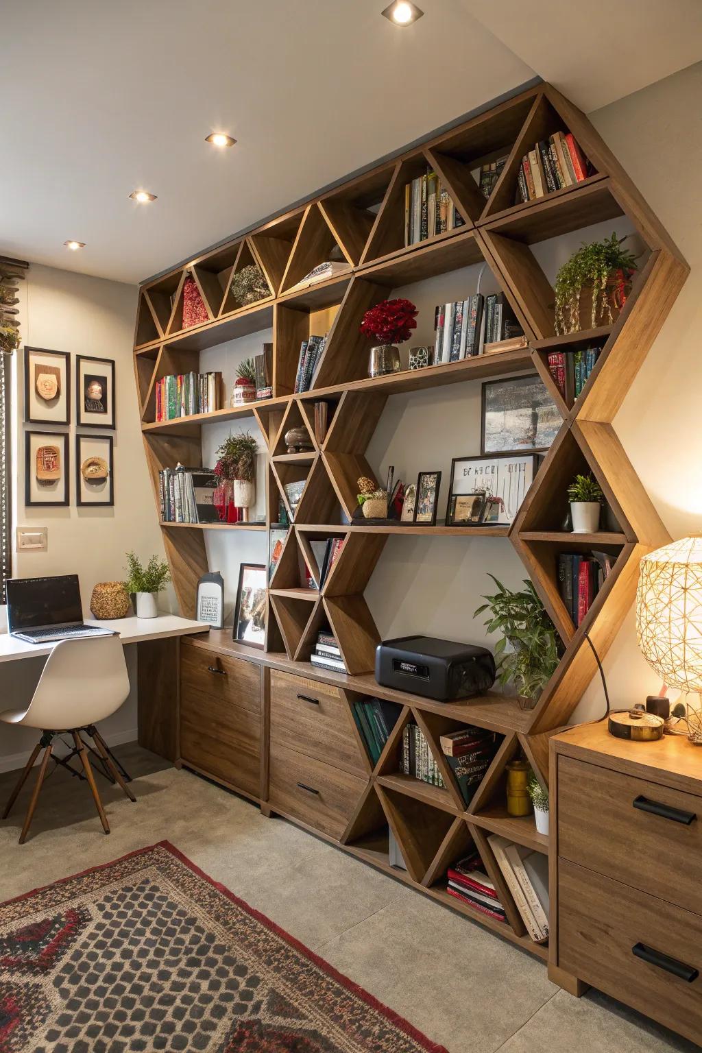 Geometric shelves add a contemporary twist.