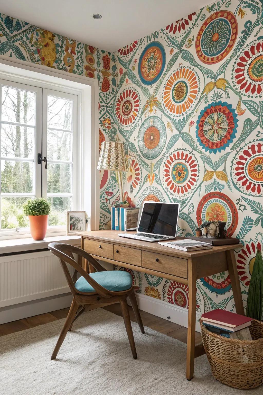 Patterned wallpaper layers depth and personality into the space.