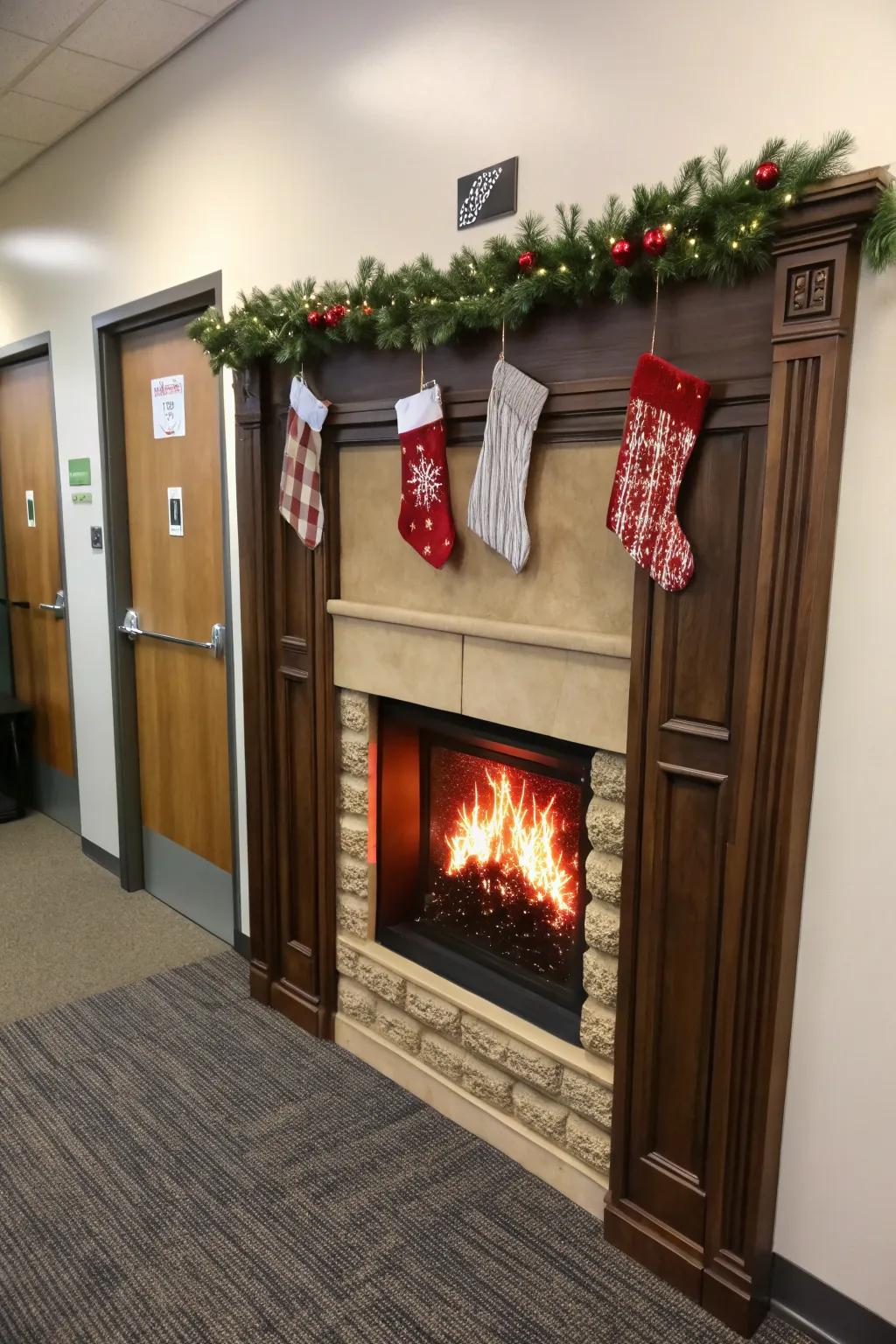 A warm fireplace scene introduces coziness to your workplace.