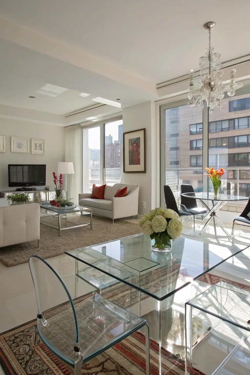 Reflective surfaces amplify the light and airy ambiance.
