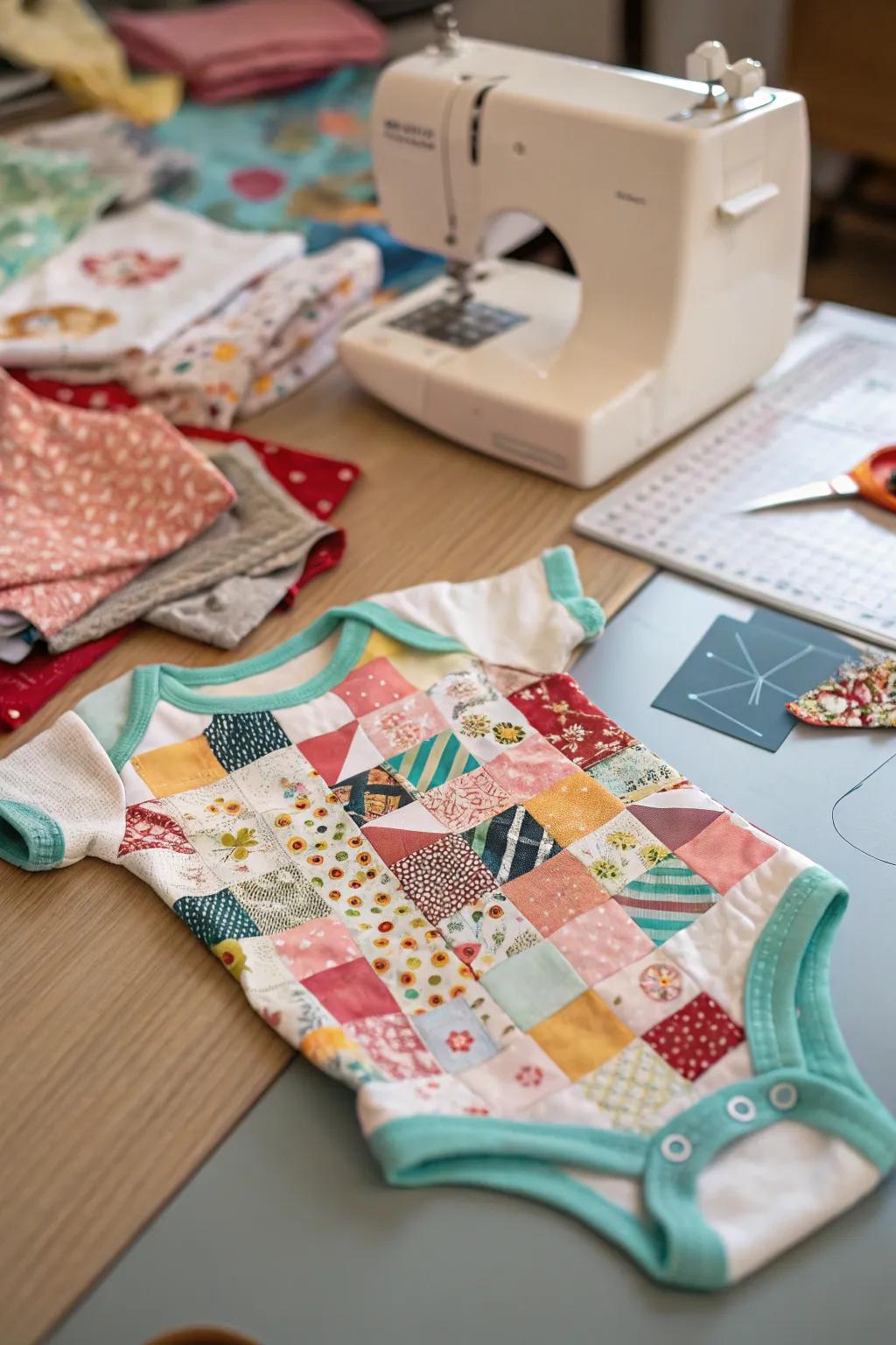 A nostalgic onesie featuring charming patchwork shapes.