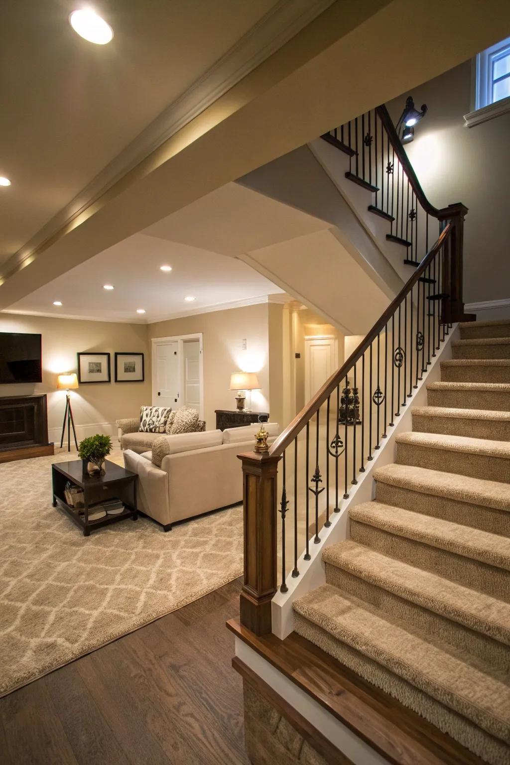 A staircase design that seamlessly harmonizes with the living room decor.