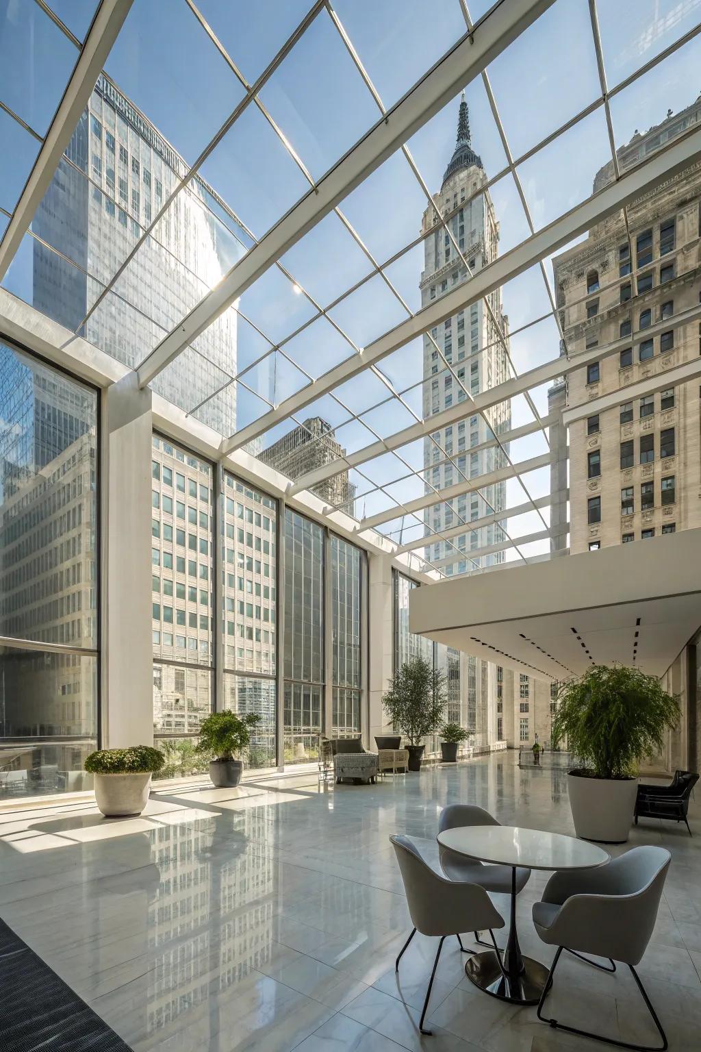 An office space showcasing glass panels in the ceiling for a modern touch.
