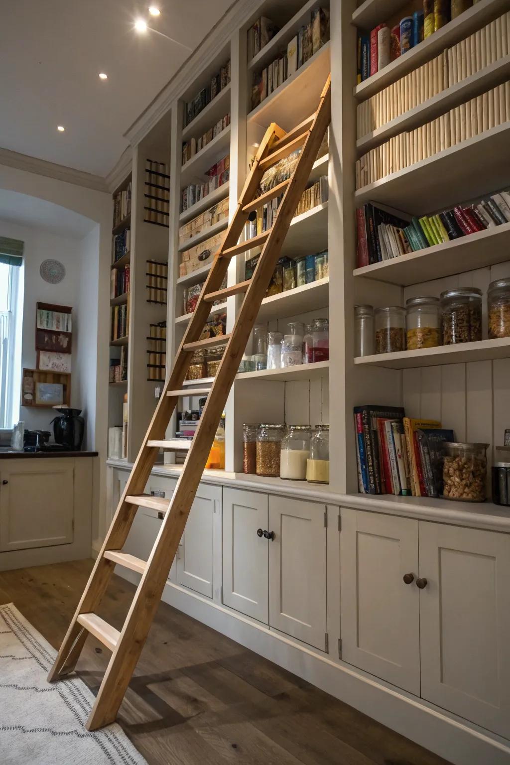 A bookcase ladder offers charm and function for elevated storing.