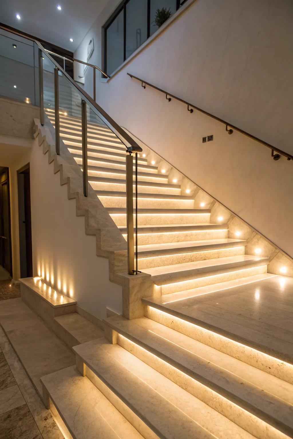 Vibe illumination amplifies the ambiance of this exposed stairway.